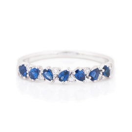 14K Gold Tilted Pear Shape Blue Sapphire & Diamond Ring