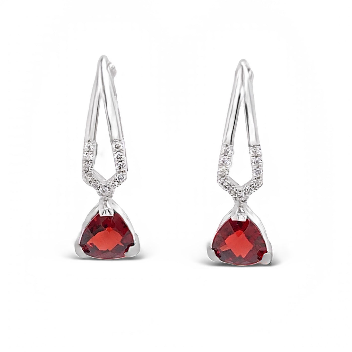 14K WHITE GOLD TRILLIAN GARNET AND DIAMOND DANGLE EARRINGS