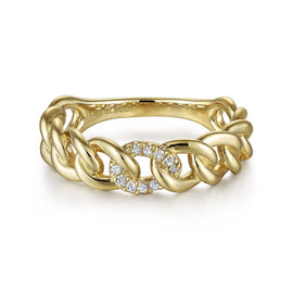 14KT Yellow Gold Chain Link Ring Band with Pavé Diamond Link