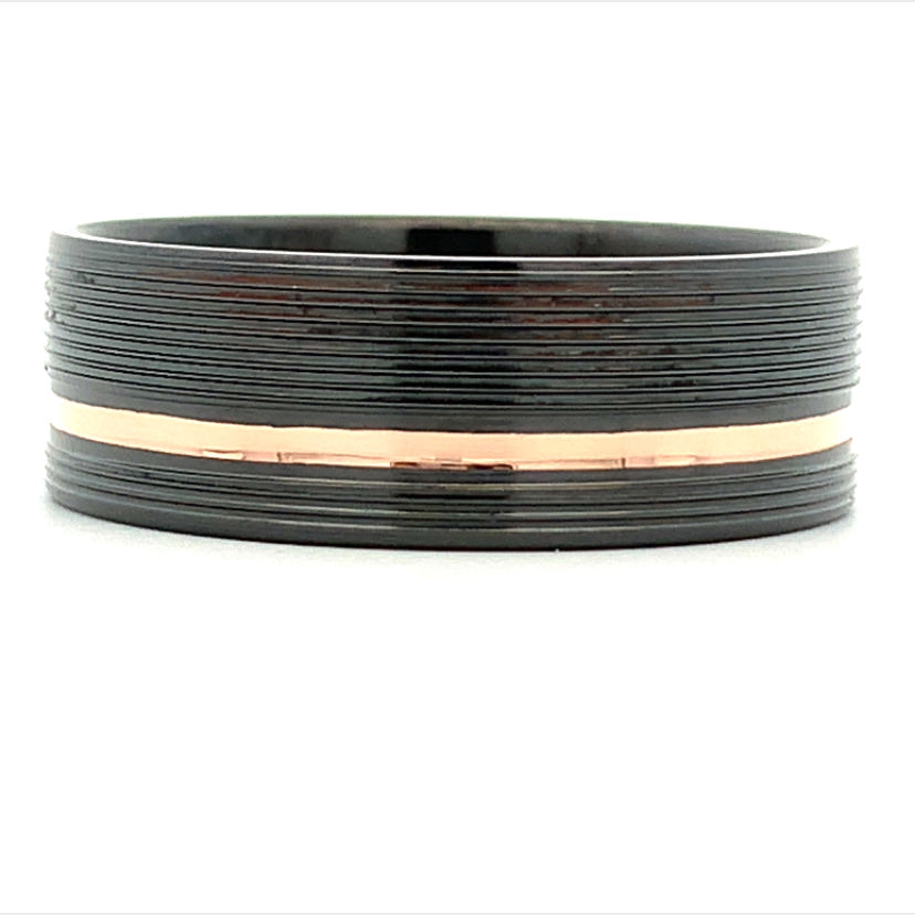 7MM Zirconium Pipe Cut Men's Ring with Rose Gold Inlay - Size 9