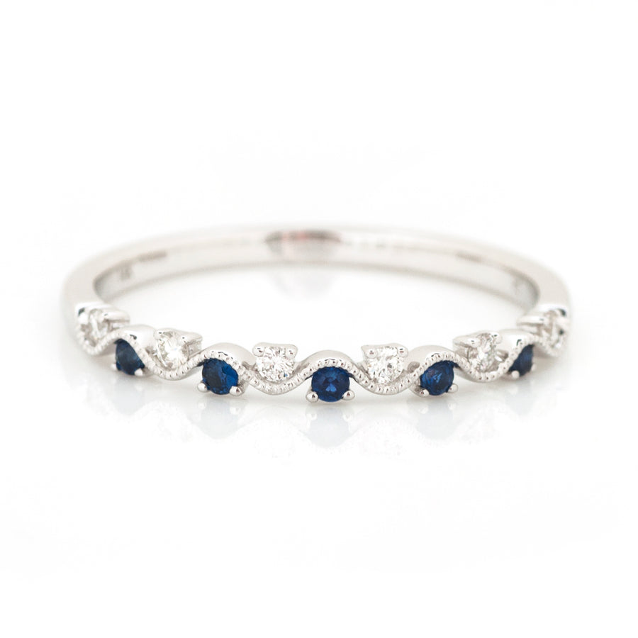 14K Gold Round Blue Sapphire with Diamond Stackable Ring