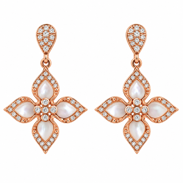 14K ROSE GOLD MOTHER OF PEARL DANGLE EARRINGS WITH DIAMONDS
