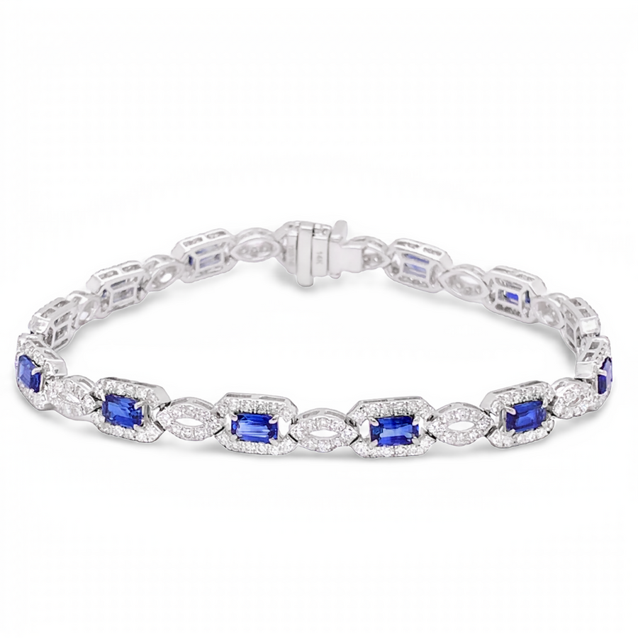 14K White Gold Emerald Cut Blue Sapphire & Diamond Bracelet 7"