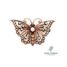9KT ANTIQUE PEARL/DIAM BUTTERFLY PIN