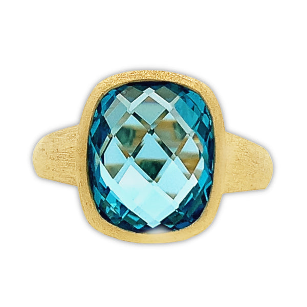 14K Yellow Gold Bezel Set Cushion Cut Blue Topaz Ring