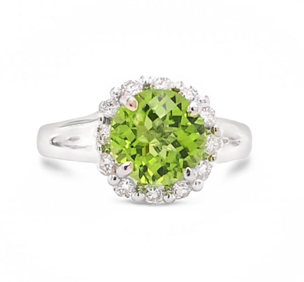 14KT STUNNING CHECKERBOARD PERIDOT DIAMOND HALO RING