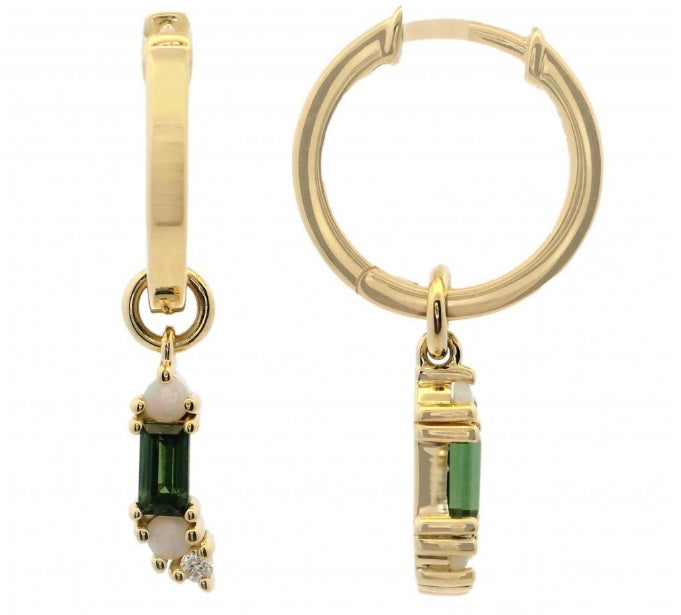 HUGGIE EARRINGS WITH OPAL, GREEN TOURMALINE, AND DIAMOND IN 14K YELLOW GOLD