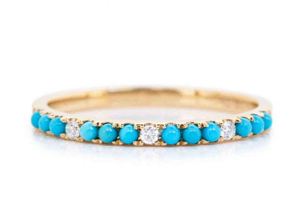 14K YELLOW GOLD ROUND TURQUOISE AND DIAMOND RING