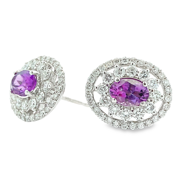 14K WHITE GOLD AMETHYST AND DIAMOND DOUBLE HALO STATEMENT EARRINGS