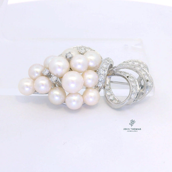 14KW VINTAGE PEARL PIN, 1.00CTW DIAMONDS, H-I/VS-SI