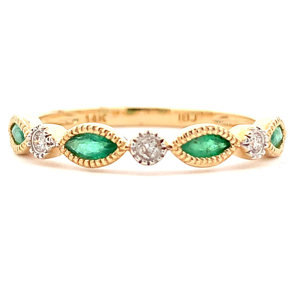 14K YELLOW GOLD MARQUISE EMERALD AND DIAMOND STACKABLE RING