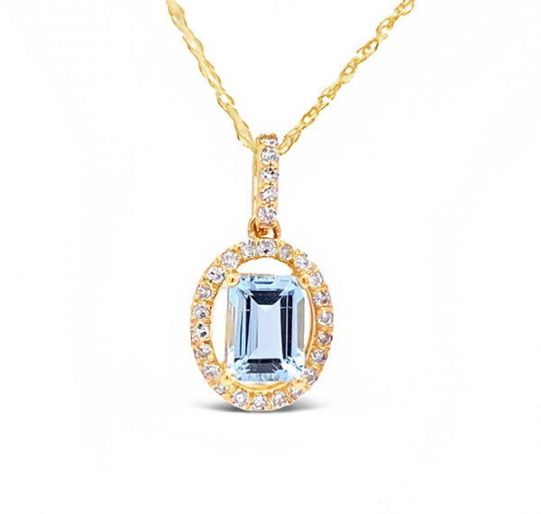 YELLOW GOLD EMERALD CUT AQUAMARINE AND DIAMOND PENDANT