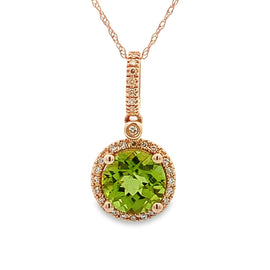 14K Rose Gold Checkerboard Peridot and Diamond Necklace