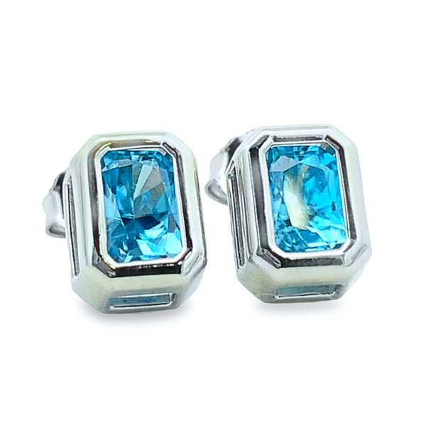 14K Gold Radiant Cut Blue Zircon Earrings