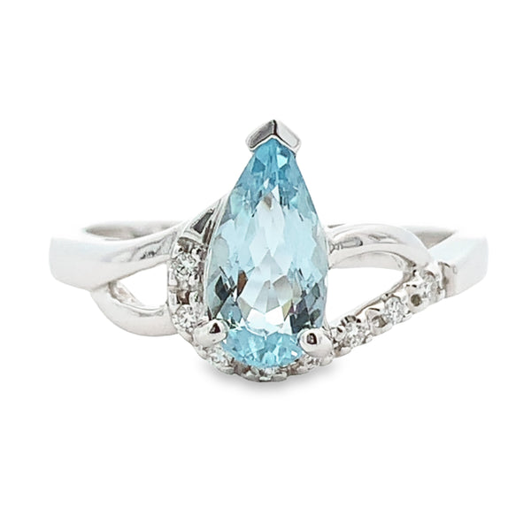14K PEAR SHAPED AQUAMARINE & DIAMOND FASHION RING