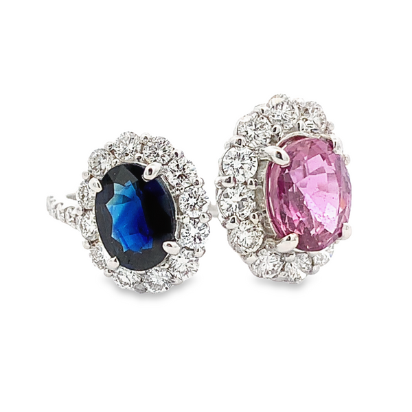 PLATINUM PINK & BLUE SAPPHIRE DIAMOND HALO OPEN SHANK RING