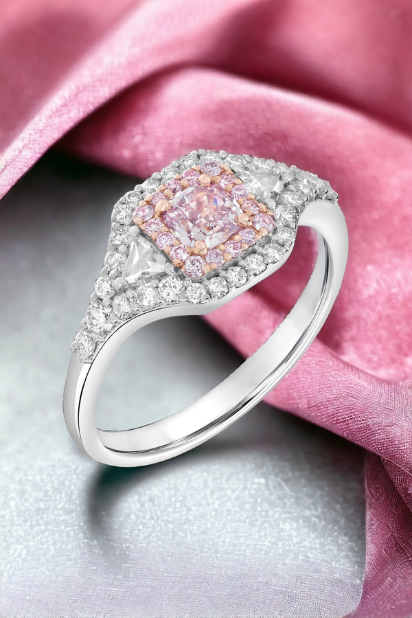 18KW .17 CTW CENTER PINK CUSHION, TRILLION, PINK MELEE, AND WHITE MELEE DIAMOND RING