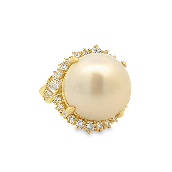 18K YELLOW SOUTH SEA PEARL STATEMENT RING WITH BAGUETTE & ROUND DIAMOND ACCENTS
