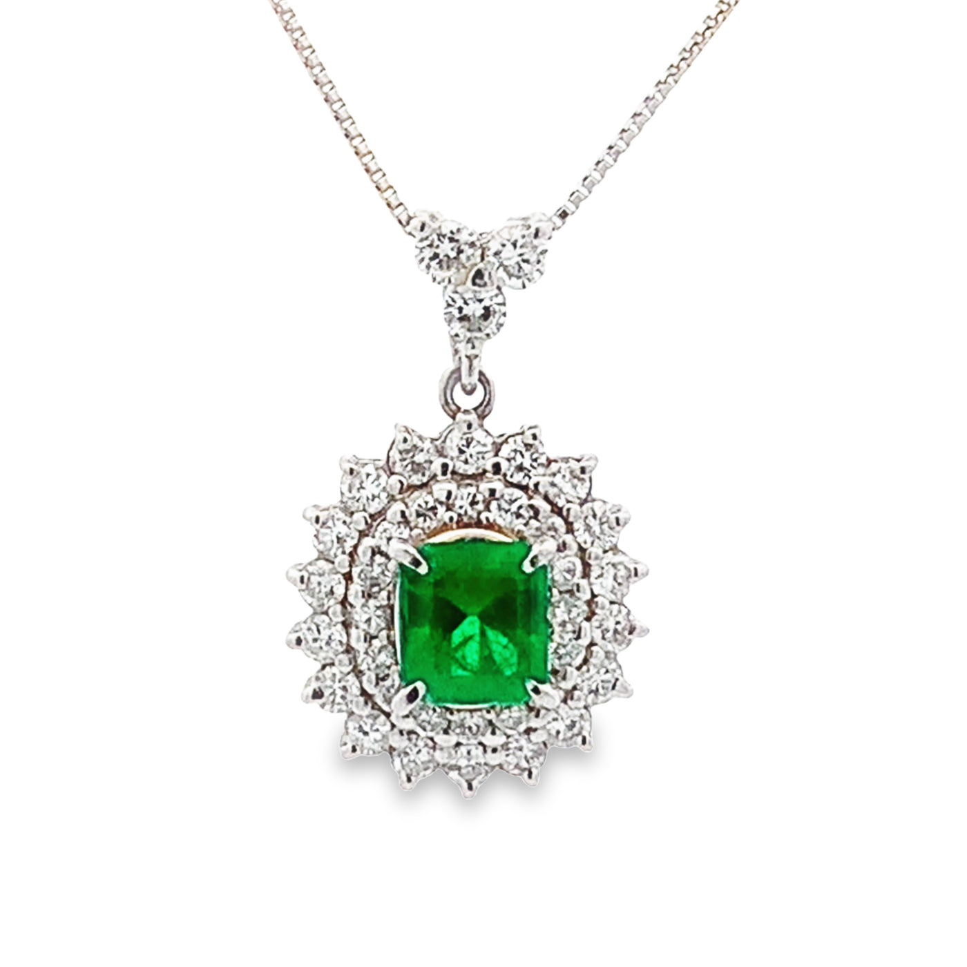 PLATINUM SQUARE EMERALD DOUBLE HALO DIAMOND NECKLACE