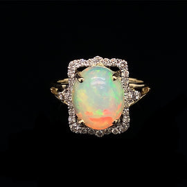 14K Yellow Oval Opal and Diamond Ring