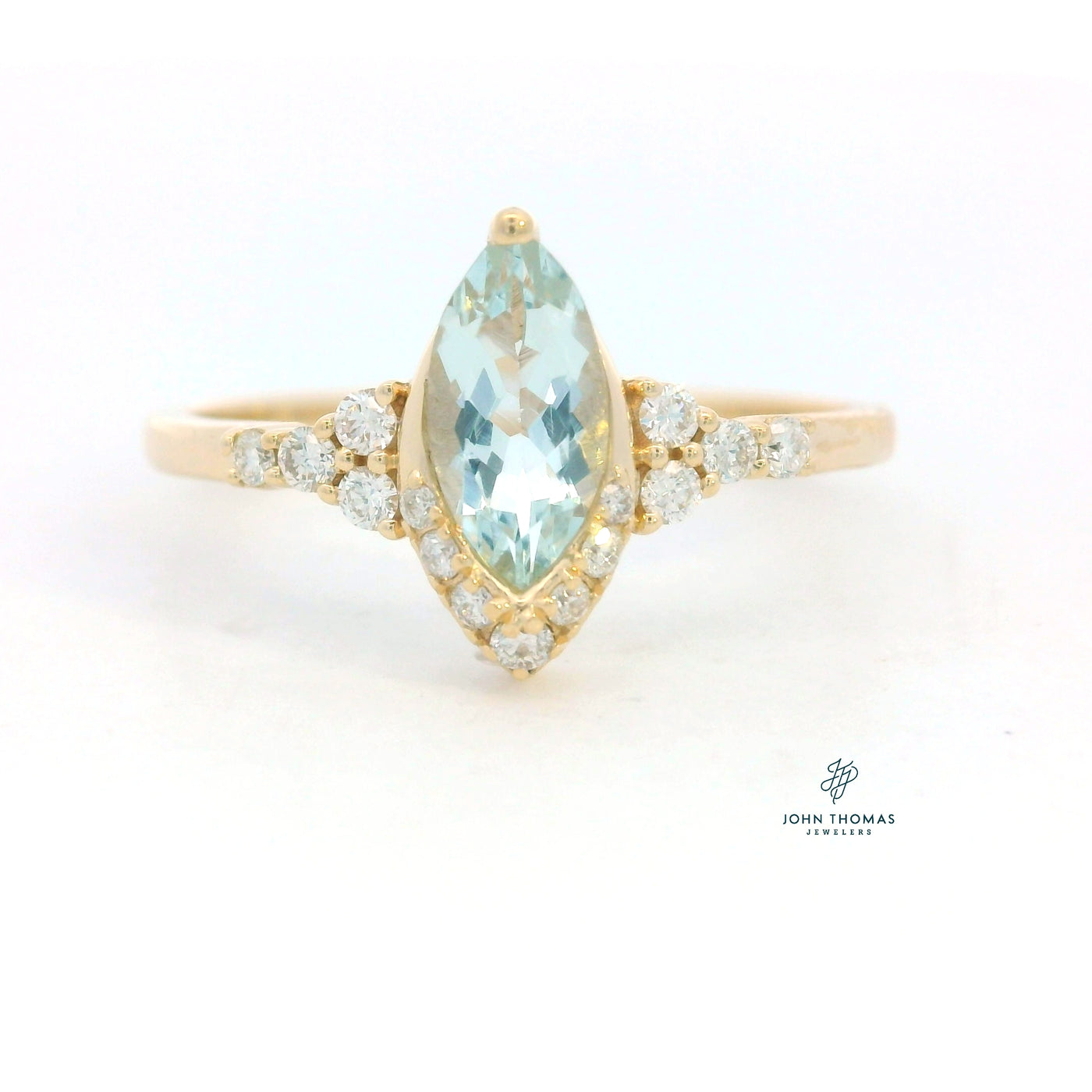 14K YELLOW AQUAMARINE AND DIAMOND RING