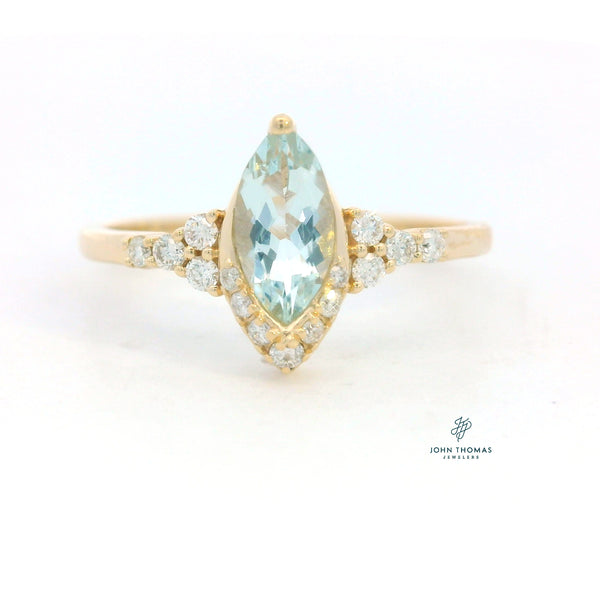 14K YELLOW AQUAMARINE AND DIAMOND RING