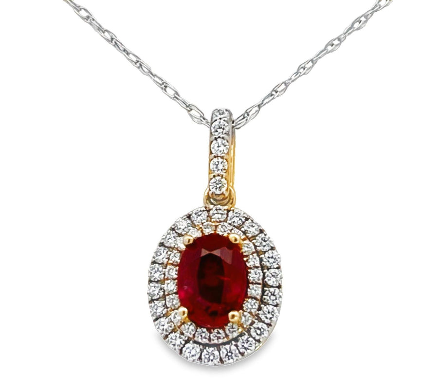 14K Two Tone Oval Ruby and Double Diamond Halo Pendant