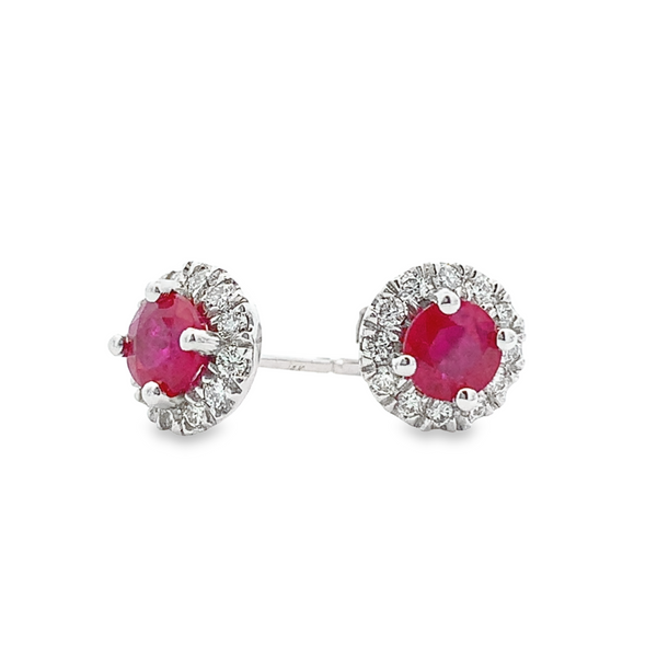 14K WHITE GOLD RUBY DIAMOND HALO STUD EARRINGS