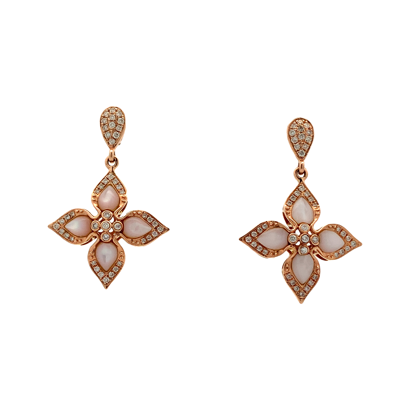 14K ROSE GOLD MOTHER OF PEARL DANGLE EARRINGS WITH DIAMONDS