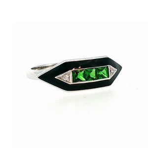 14KY DIAMOND, TSAVORITE, AND BLACK ENAMEL RING