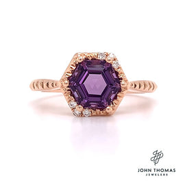 14K Rose Ring with Hexagon Amethyst