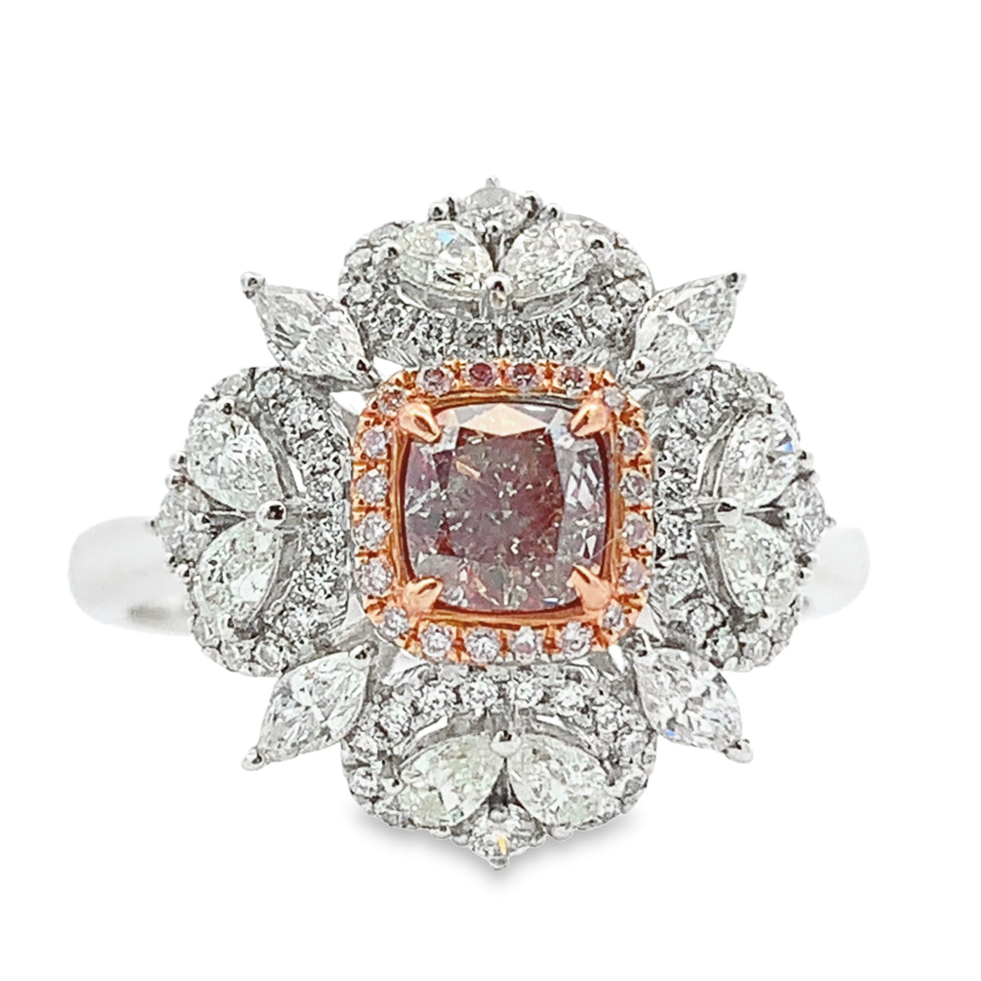 18K GOLD NATURAL CUSHION PINK DIAMOND CENTER DIAMOND RING