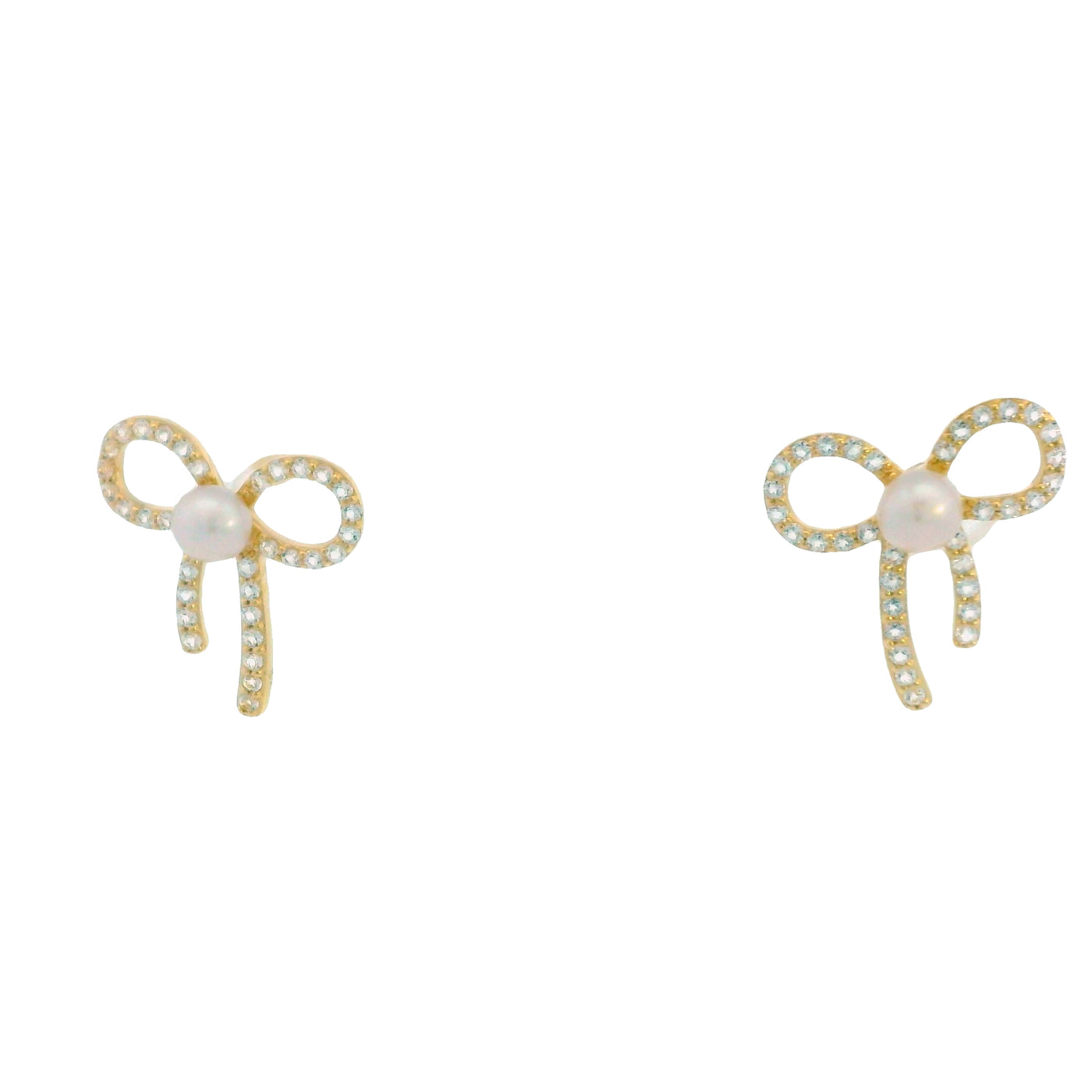 14K YELLOW GOLD FRESHWATER PEARL AND WHITE TOPAZ BOW EARRINGS