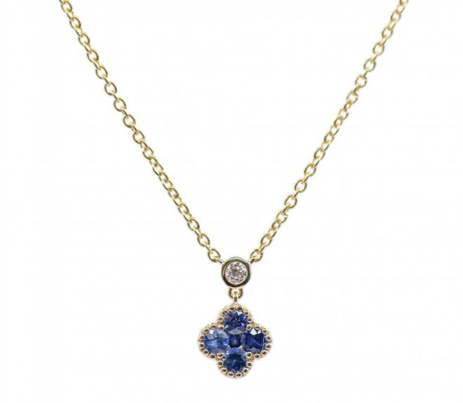CLOVER MOTIF SAPPHIRE DROP PENDANT NECKLACE