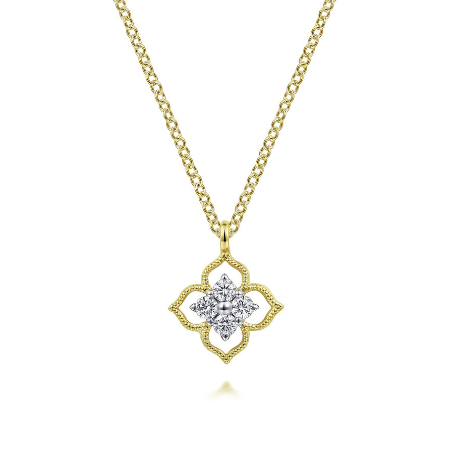 14KT Yellow Gold Floral Diamond Pendant Necklace