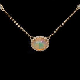 14K Yellow Oval Opal Center Diamond Station Necklace