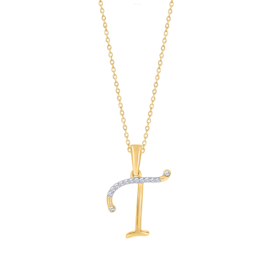 10K Yellow Gold "T" Initial Diamond Necklace with 18" Chain
