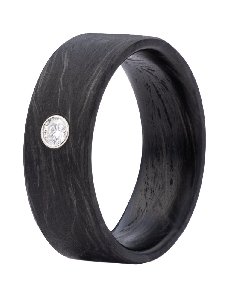 8MM FORGED CARBON FIBER FLAT 3MM LAB GROWN WD BEZEL SET IN 14K WHITE GOLD