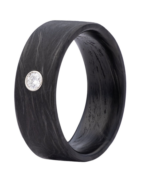 8MM FORGED CARBON FIBER FLAT 3MM LAB GROWN WD BEZEL SET IN 14K WHITE GOLD