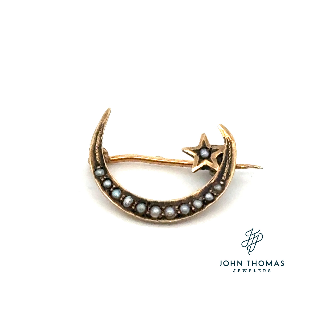 10KT ANTIQUE MOON & STAR SEED PEARL PIN