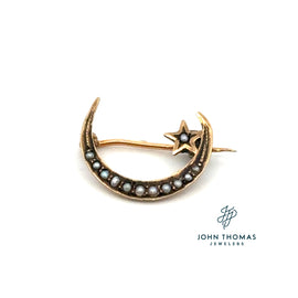 10KT ANTIQUE MOON & STAR SEED PEARL PIN