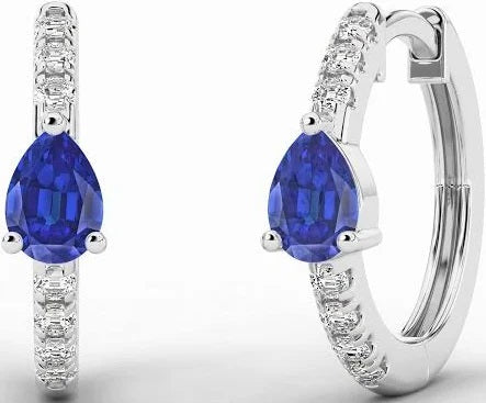 14KW .19CTW DIAMOND AND .40CT PEAR SHAPED SAPPHIRE HOOP EARRINGS