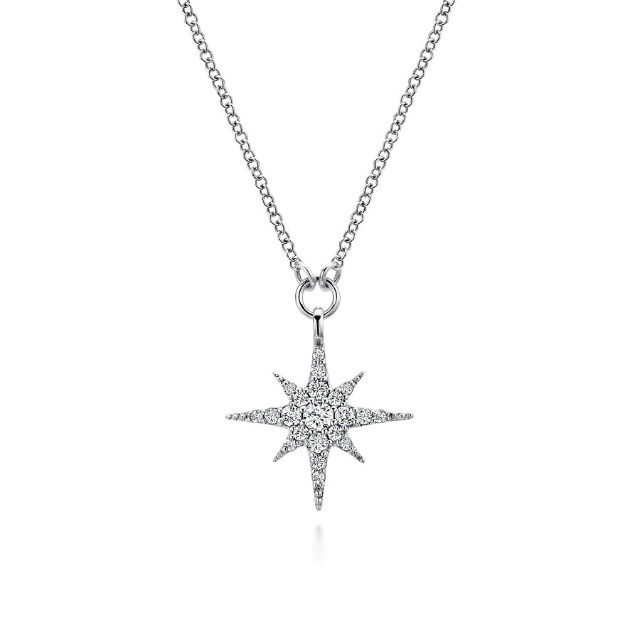 14KT White Gold Diamond Starburst Pendant Necklace