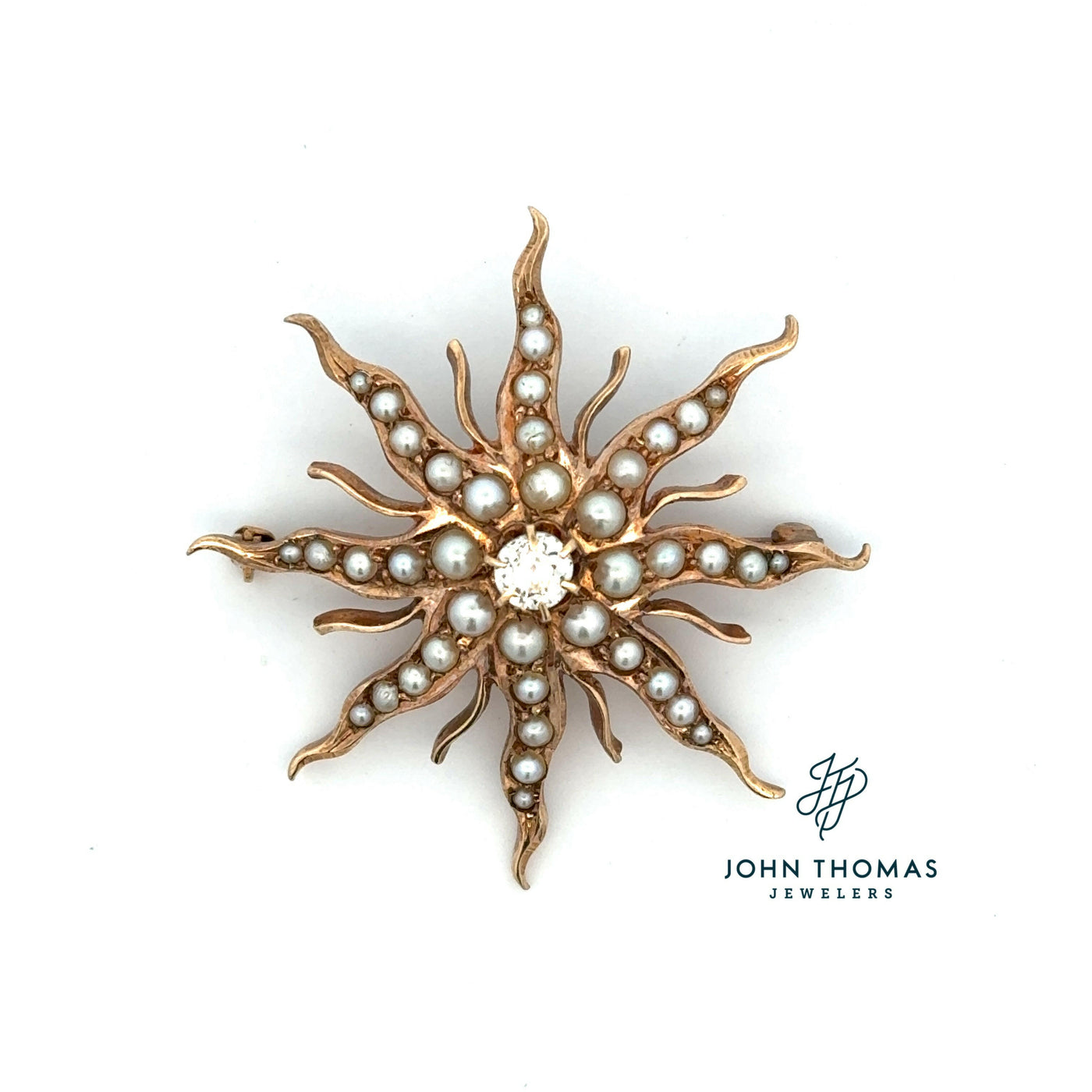 14KT ANTIQUE STARBURST DIAMOND PEARL PIN