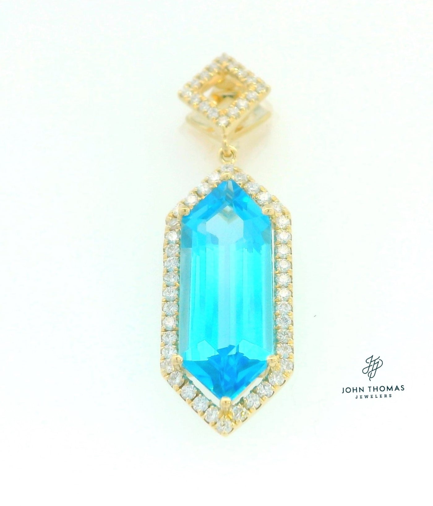 14KY HEXAGONAL BLUE TOPAZ AND DIAMOND PENDANT