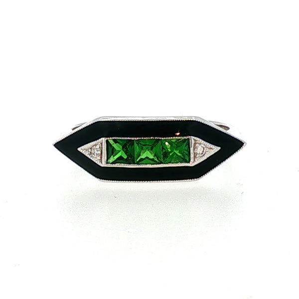 14KY DIAMOND, TSAVORITE, AND BLACK ENAMEL RING