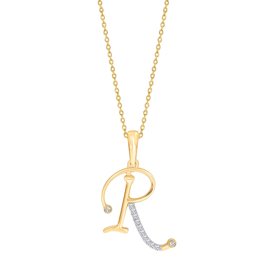 10K Yellow Gold "R" Initial Diamond Necklace with 18" Chain