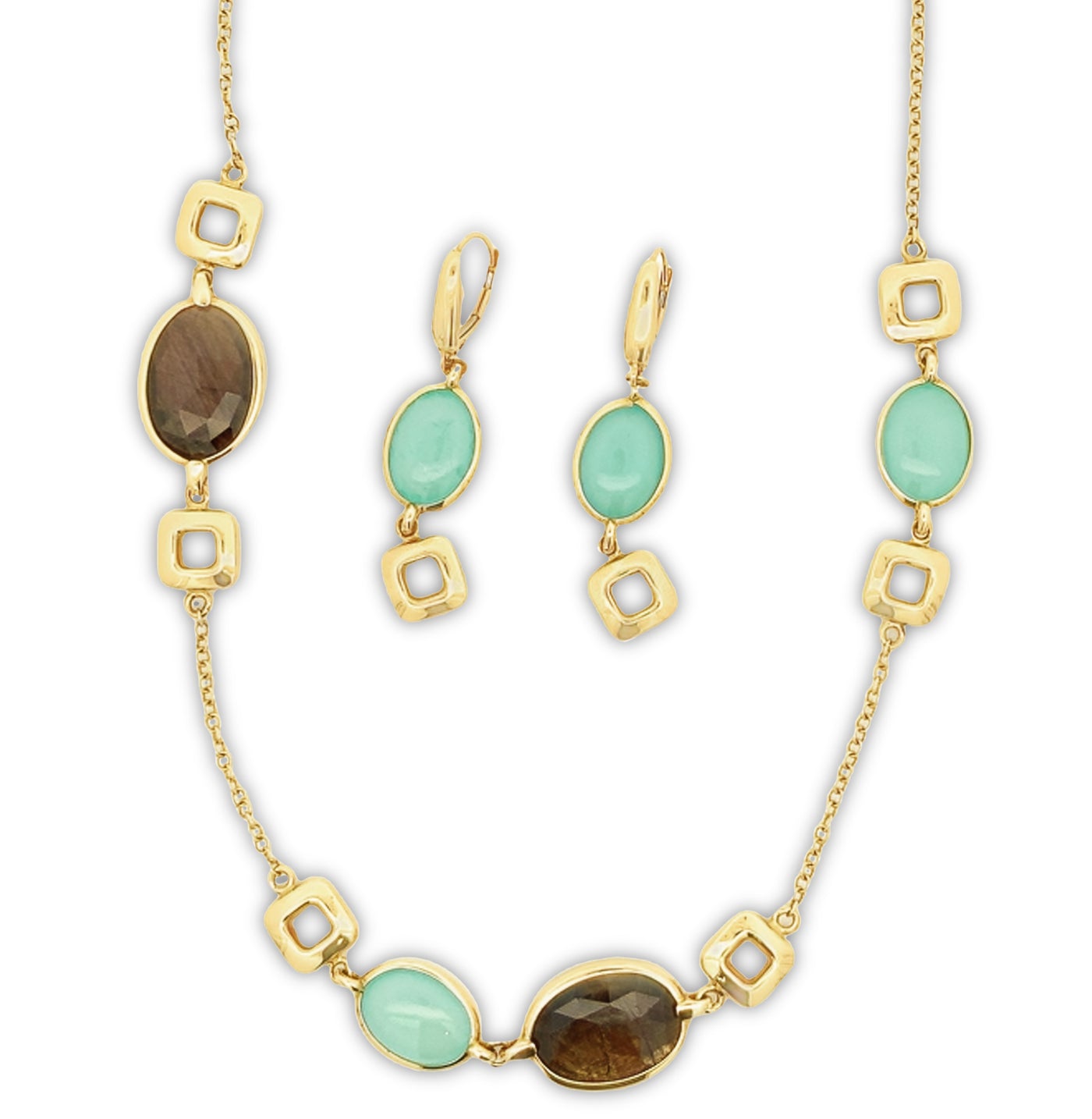 14K Yellow Gold Smokey Quartz & Chalcedony Necklace Set
