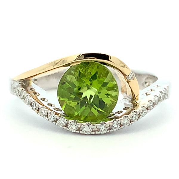 14K TWO-TONE CHECKERBOARD PERIDOT RING WITH DIAMOND ACCENTS