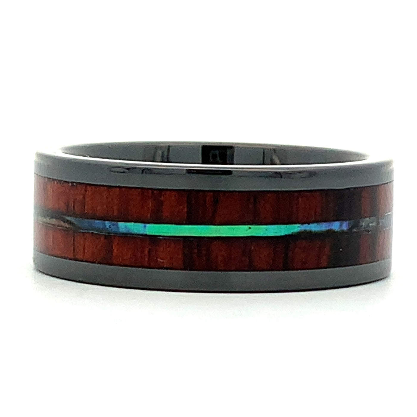 8MM Black Ceramic Koa & Abalone Inlay Band - Size 10